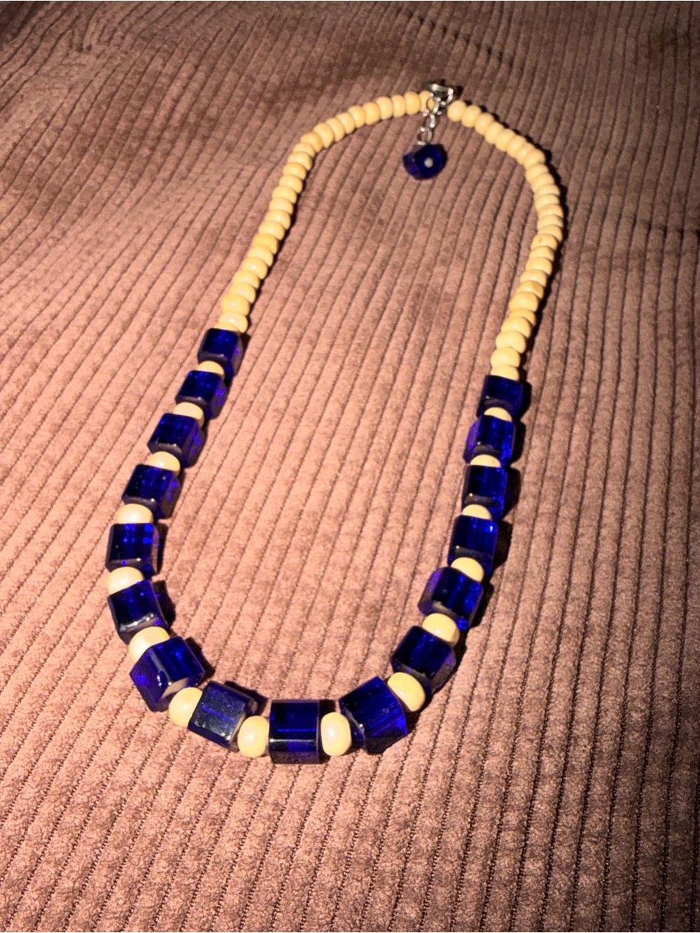 Cobalt Blue & Cream Beaded Necklace by
